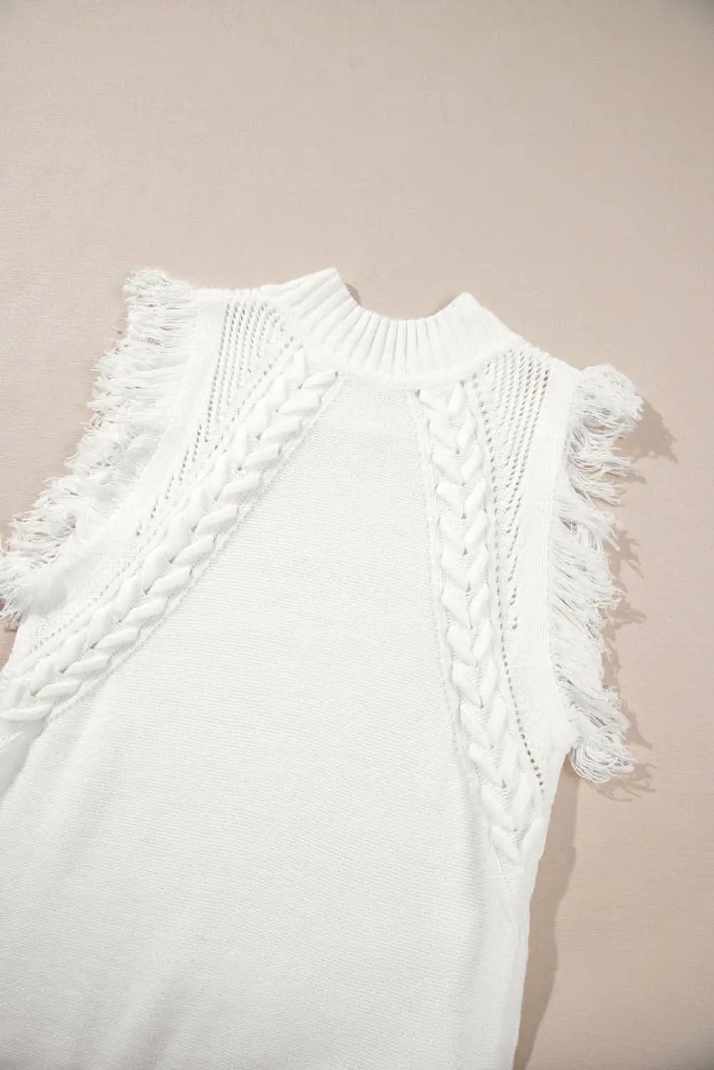 White Woven Tasseled Sleeveless Mock Neck Sweater Vest - Love Salve